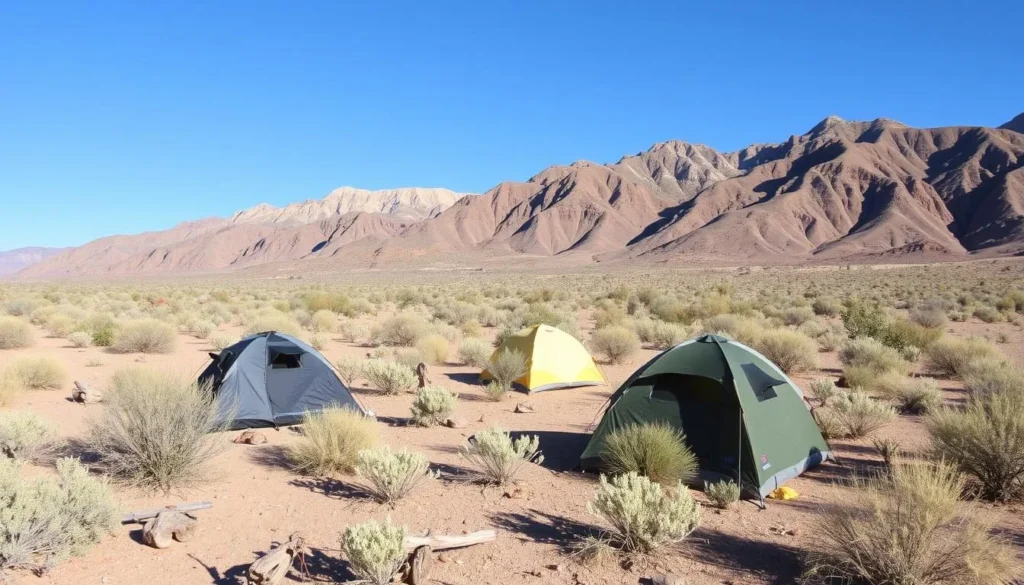 Camping area near Gold Butte National Monument with tents and desert landscape Camping area near Gold Butte National Monument with tents and desert landscape