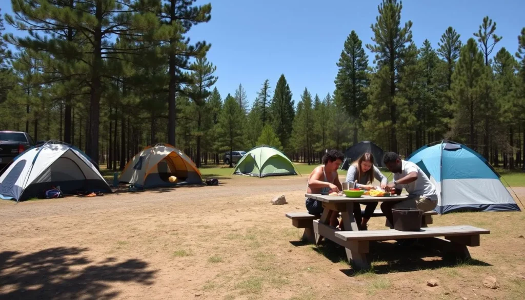 Camping area near Powerton Lake with tents set up among trees