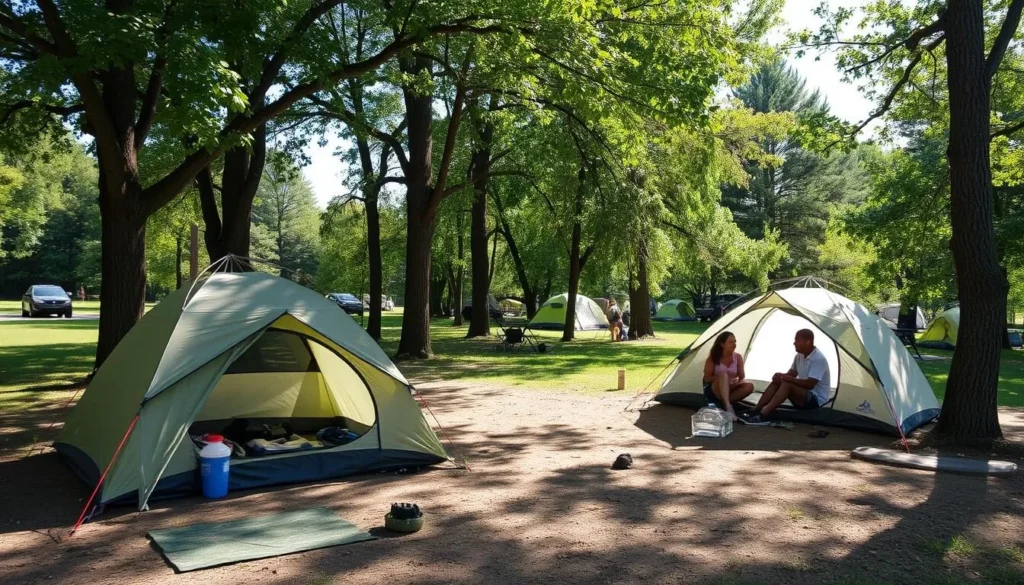 Camping area near Rice Lake with tents set up under trees