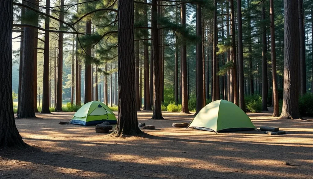 Camping area near Tolowa Dunes State Park with tents set up among trees Camping area near Tolowa Dunes State Park with tents set up among trees