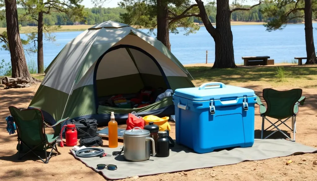 Camping essentials and gear organized at a Sangchris Lake campsite Camping essentials and gear organized at a Sangchris Lake campsite