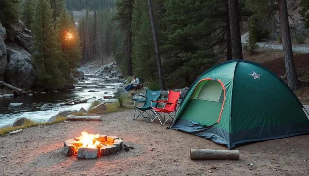 Camping setup along Cache la Poudre River with tent and campfire Camping setup along Cache la Poudre River with tent and campfire