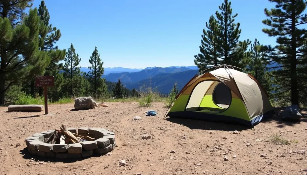 Camping setup along the Flat Tops Trail Scenic Byway with tent and campfire Camping setup along the Flat Tops Trail Scenic Byway with tent and campfire