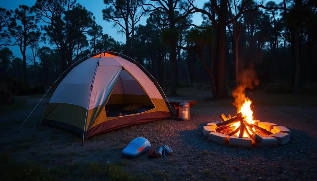 Camping setup at Lake Fausse Pointe State Park with tent and campfire at dusk