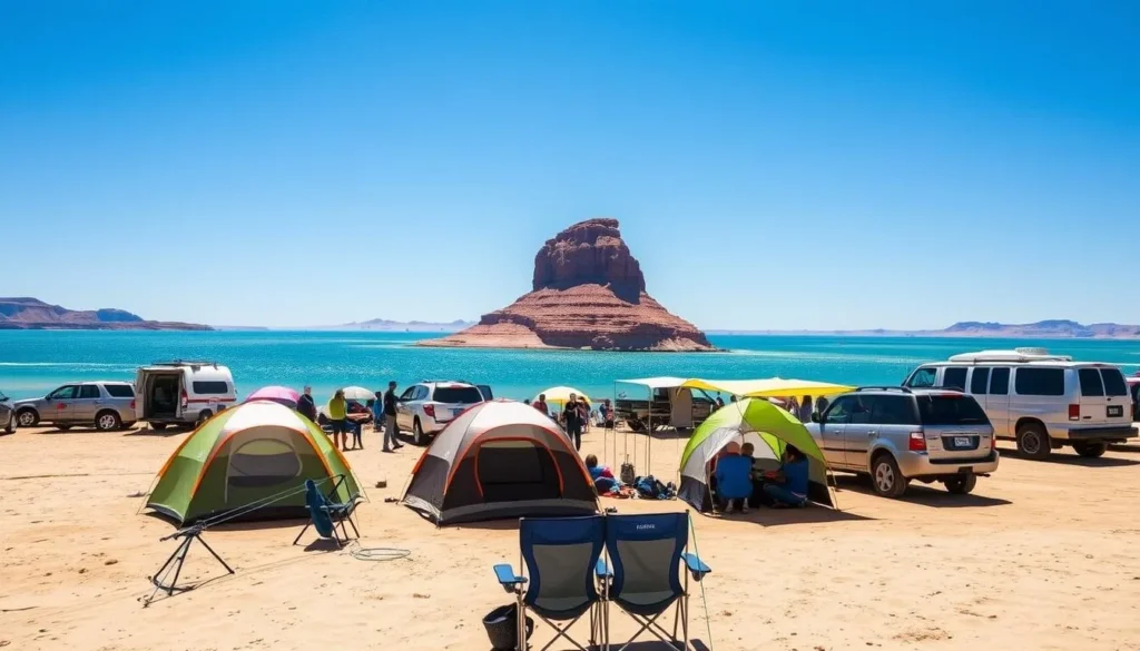 Camping setup at Lone Rock Beach Lake Powell Arizona showing tents and vehicles with the iconic rock formation in the background