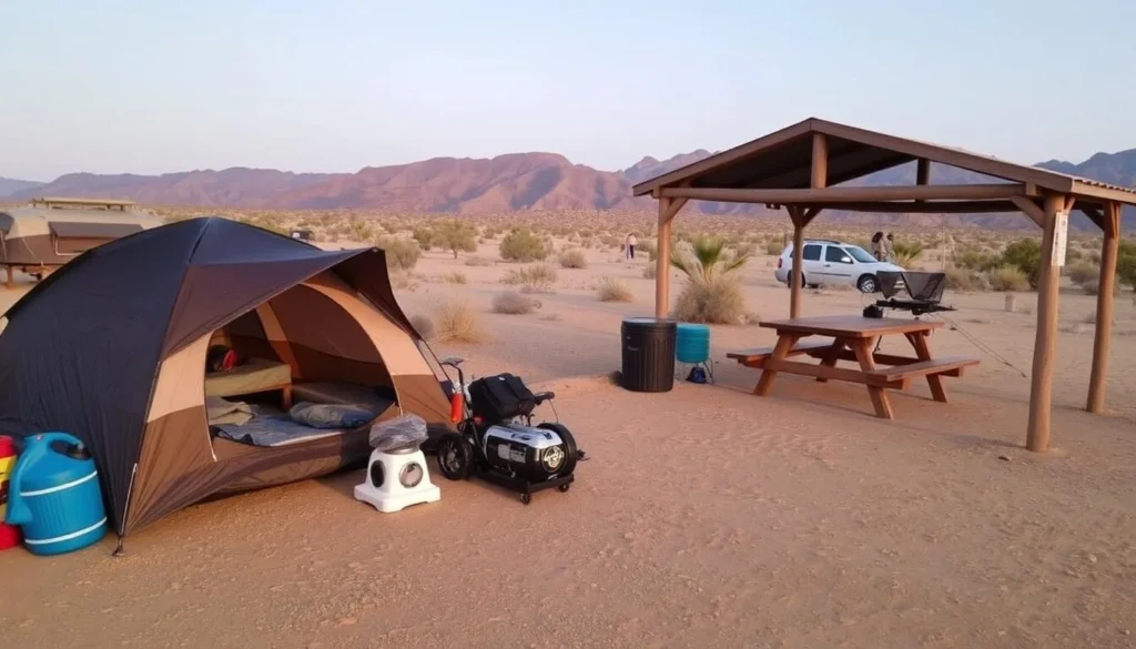 Camping setup at Pancho Villa State Park with tent and equipment Camping setup at Pancho Villa State Park with tent and equipment