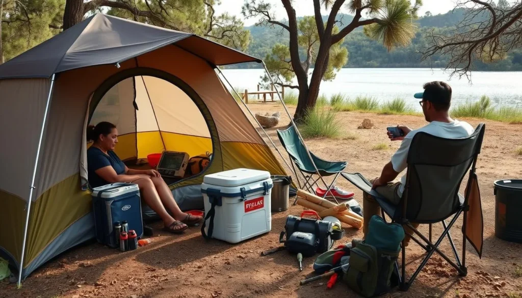 Camping setup at Santa Rosa Lake State Park showing tents and camping gear Camping setup at Santa Rosa Lake State Park showing tents and camping gear
