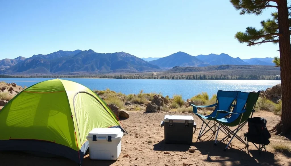 Camping setup at Storrie Lake with tent, camping chairs, and lake view Camping setup at Storrie Lake with tent, camping chairs, and lake view