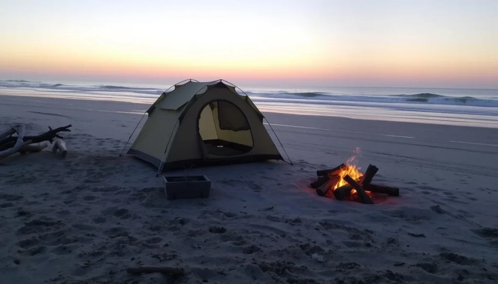 Camping setup on Isle au Pitre beach with tent and small campfire at sunset Camping setup on Isle au Pitre beach with tent and small campfire at sunset