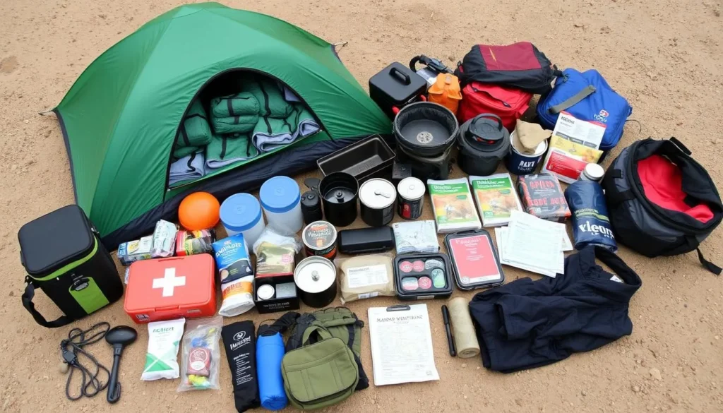 Camping supplies and gear laid out for a trip to Manzano Mountains State Park