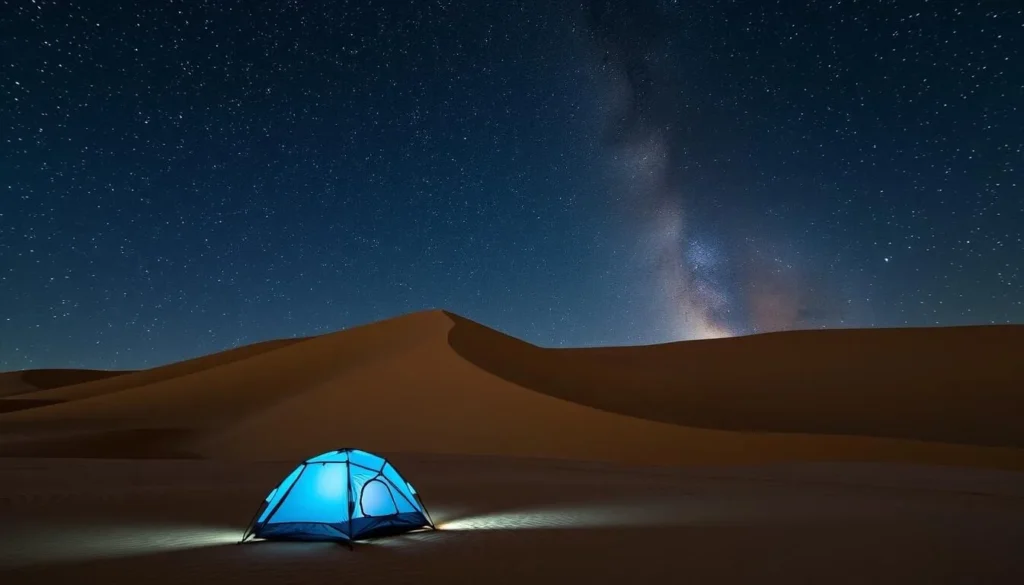 Camping tent set up in the backcountry dunes area with starry night sky above
