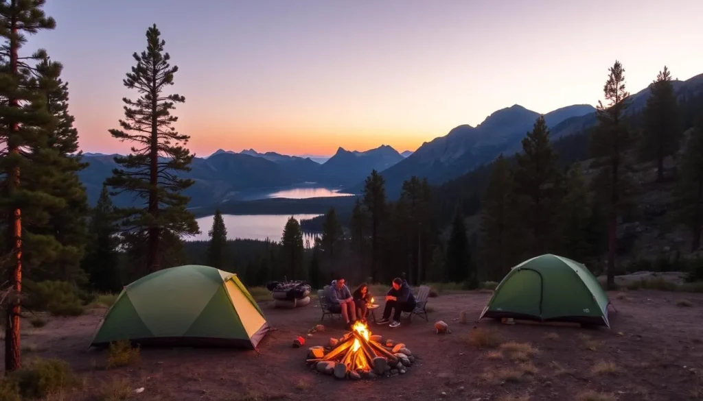 Camping tents set up near Trappers Lake in Flat Tops Wilderness Colorado at sunset