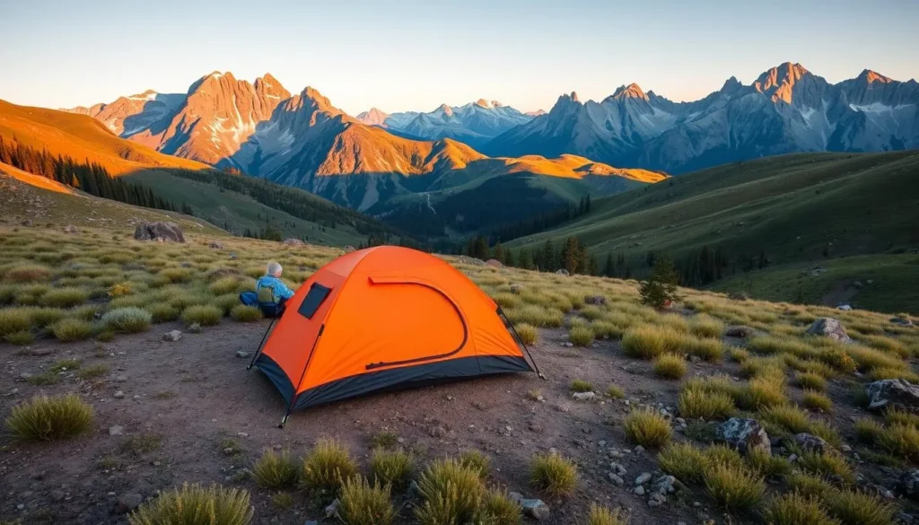 Campsite along the Colorado Trail with tent set up in a scenic mountain meadow