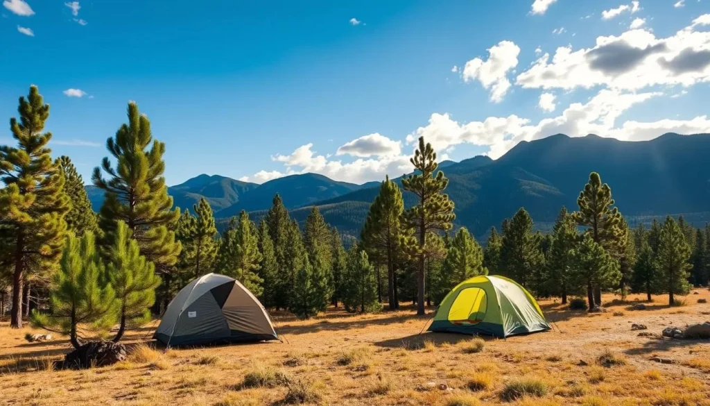 Campsite at Cimarron Campground in Valle Vidal with mountains in background Campsite at Cimarron Campground in Valle Vidal with mountains in background