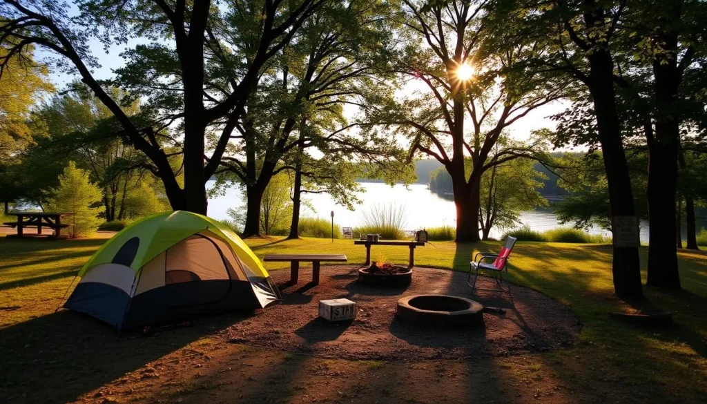 Campsite at Deer Run Campground with lake view and camping setup Campsite at Deer Run Campground with lake view and camping setup
