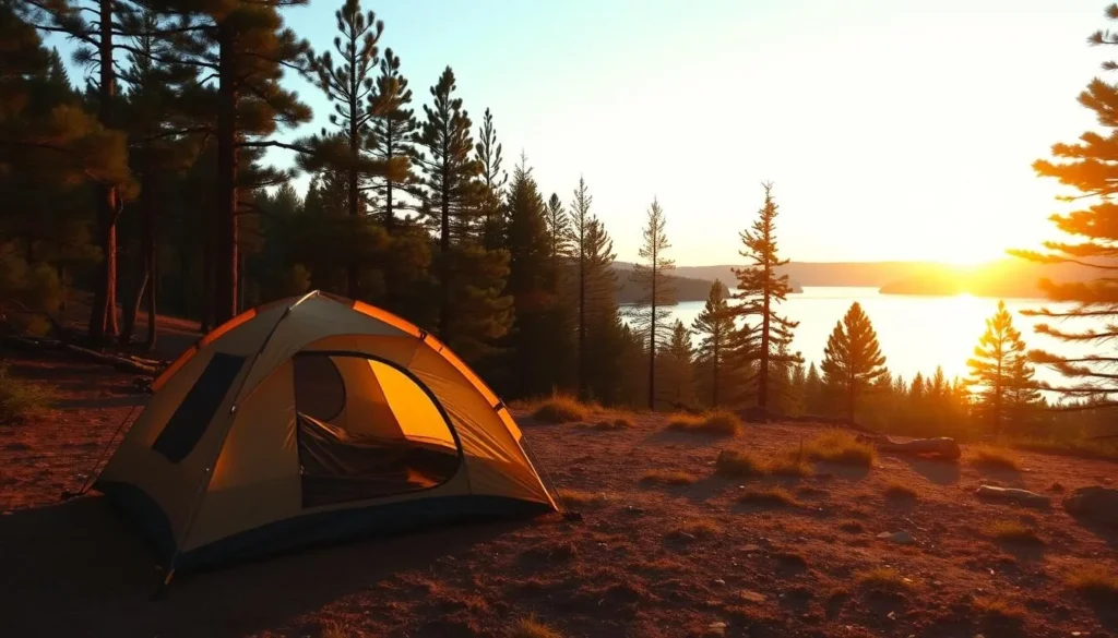 Campsite at Eleven Mile State Park with tent setup near the reservoir at sunset Campsite at Eleven Mile State Park with tent setup near the reservoir at sunset