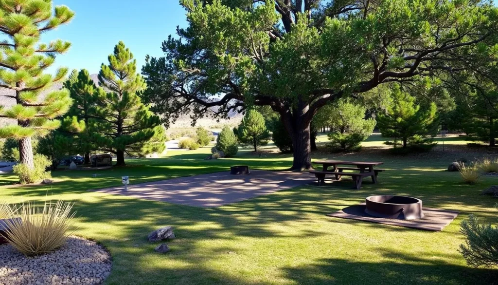 Campsite at Highline Lake State Park with trees providing shade