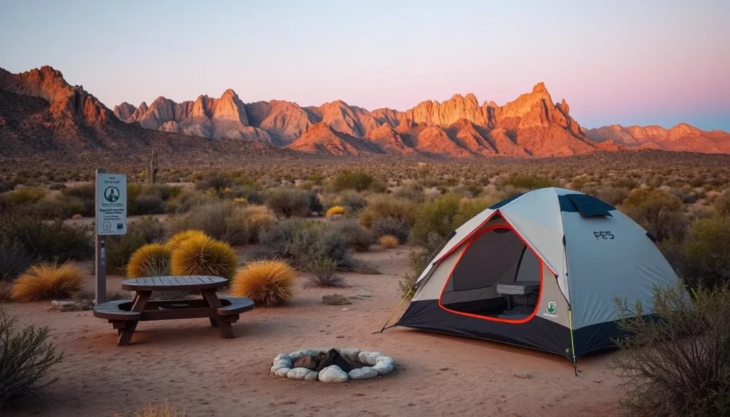 Campsite at Lost Dutchman State Park with tent and Superstition Mountains view Campsite at Lost Dutchman State Park with tent and Superstition Mountains view