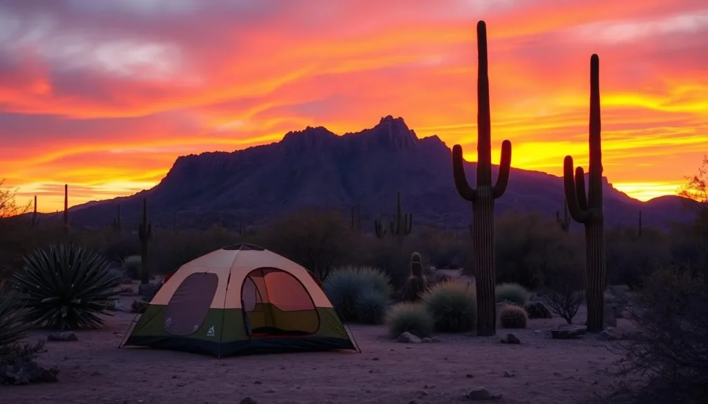 Campsite at Margie's Cove West Campground with tent and desert sunset