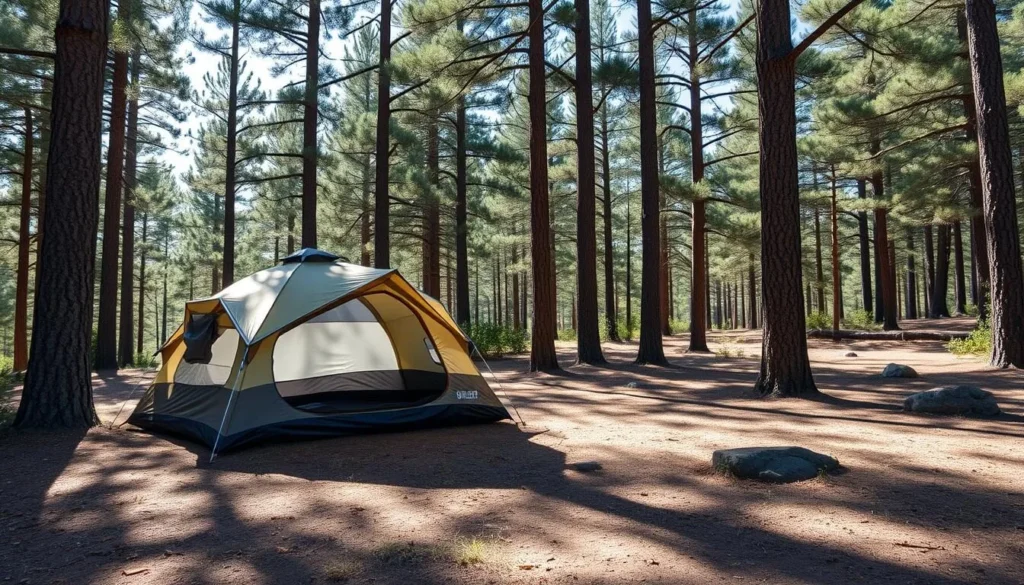 Campsite at Mingus Mountain with tent and pine forest view