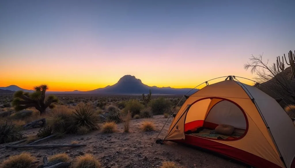 Campsite at Picacho Peak State Park with mountain view at sunset