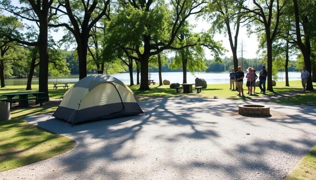 Campsite at Ramsey Lake State Park with tent set up under trees near the lake Campsite at Ramsey Lake State Park with tent set up under trees near the lake