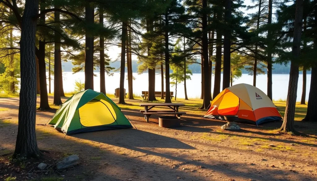 Campsite at Rock Cut State Park with tents set up among trees near the lake Campsite at Rock Cut State Park with tents set up among trees near the lake