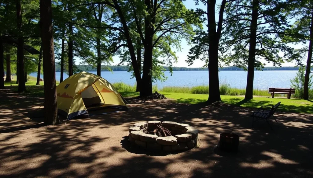 Campsite at Sam Dale Lake State Park with tent set up under trees near the lake