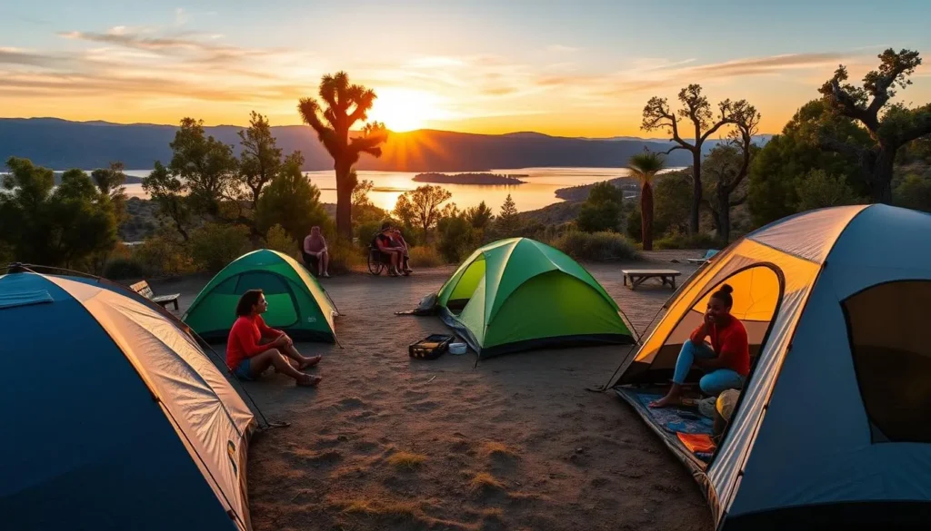 Campsite at San Luis Creek Campground with tents set up near the reservoir with sunset views Campsite at San Luis Creek Campground with tents set up near the reservoir with sunset views