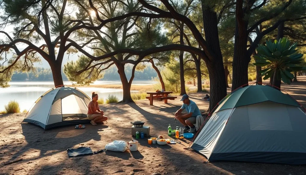 Campsite at Santa Rosa Lake State Park with tents set up near the lake shore Campsite at Santa Rosa Lake State Park with tents set up near the lake shore