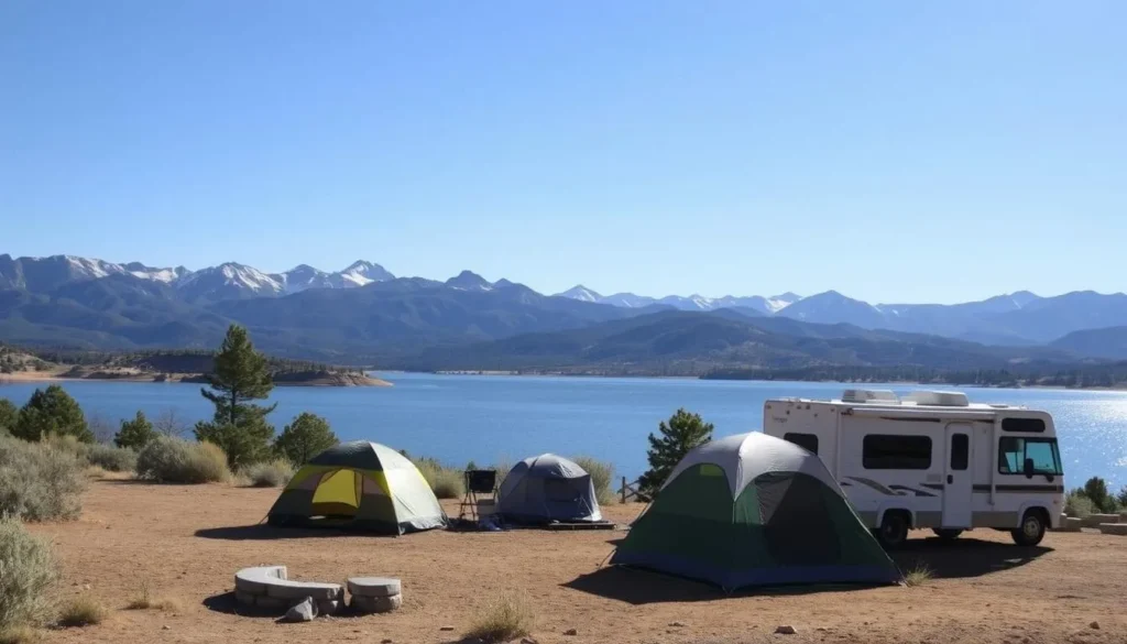 Campsite at Storrie Lake State Park with tents and RVs near the water Campsite at Storrie Lake State Park with tents and RVs near the water