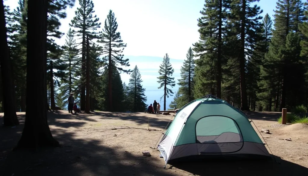Campsite at Tahoe State Recreation Area with pine trees and glimpse of Lake Tahoe Campsite at Tahoe State Recreation Area with pine trees and glimpse of Lake Tahoe