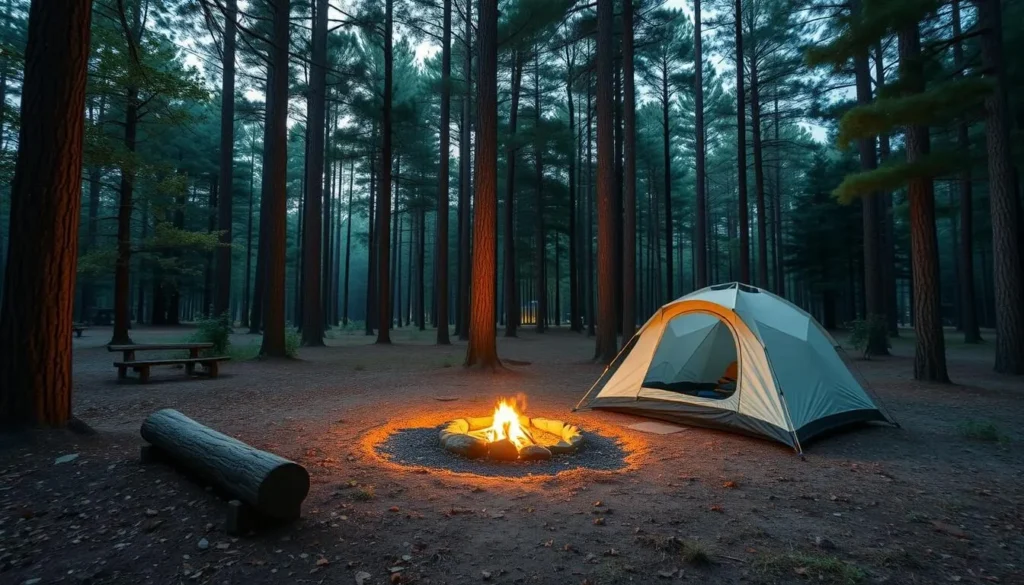 Campsite at Trail of Tears State Forest with tent and campfire Campsite at Trail of Tears State Forest with tent and campfire