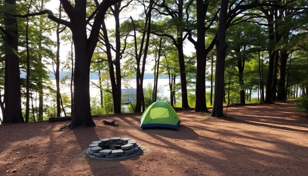 Campsite at Walnut Point State Park with tent set up under trees near the lake Campsite at Walnut Point State Park with tent set up under trees near the lake