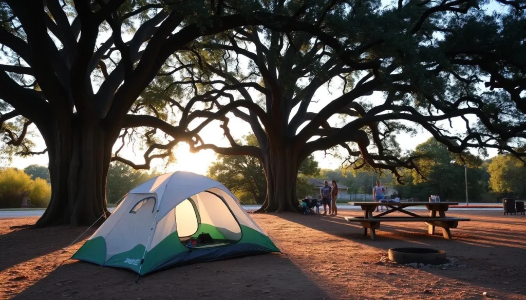 Campsite at Woodson Bridge State Recreation Area with tent under oak trees