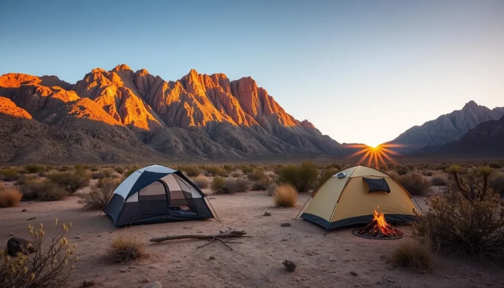 Campsite at sunset in the Delamar Mountains Nevada with tent and mountain views
