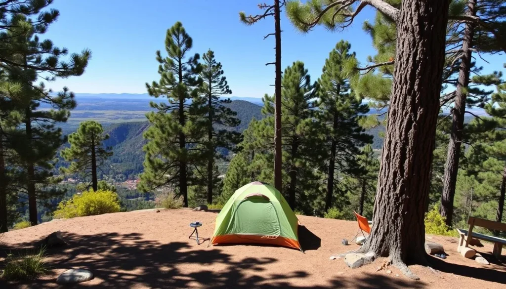 Campsite at the edge of the Mogollon Rim with a tent setup among pine trees with scenic views Campsite at the edge of the Mogollon Rim with a tent setup among pine trees with scenic views