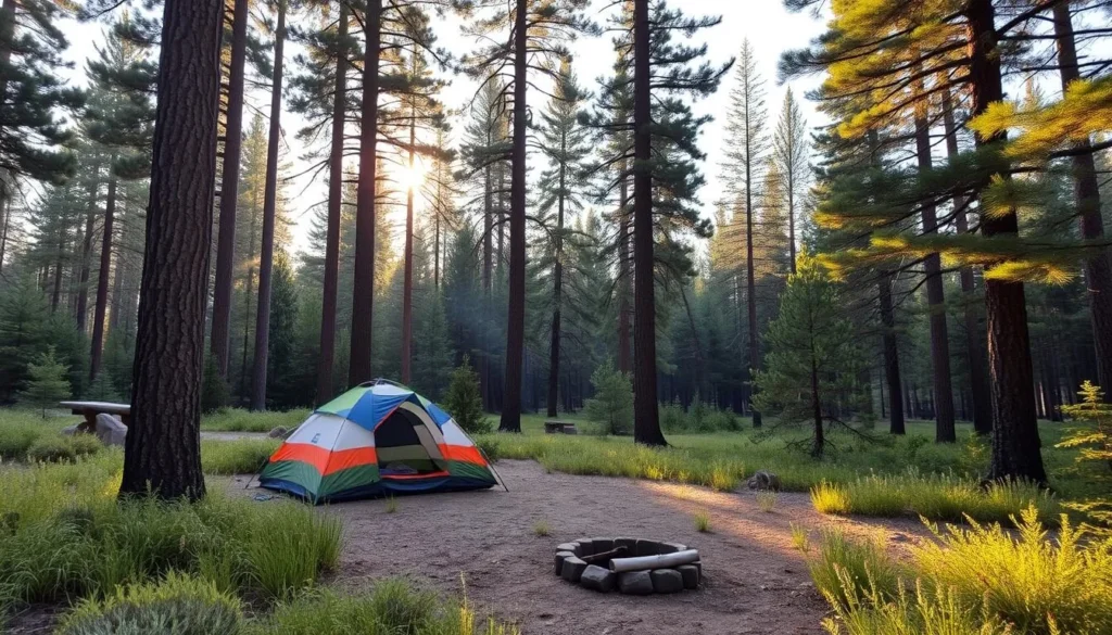 Campsite in Lincoln National Forest with tent set up among tall pine trees Campsite in Lincoln National Forest with tent set up among tall pine trees