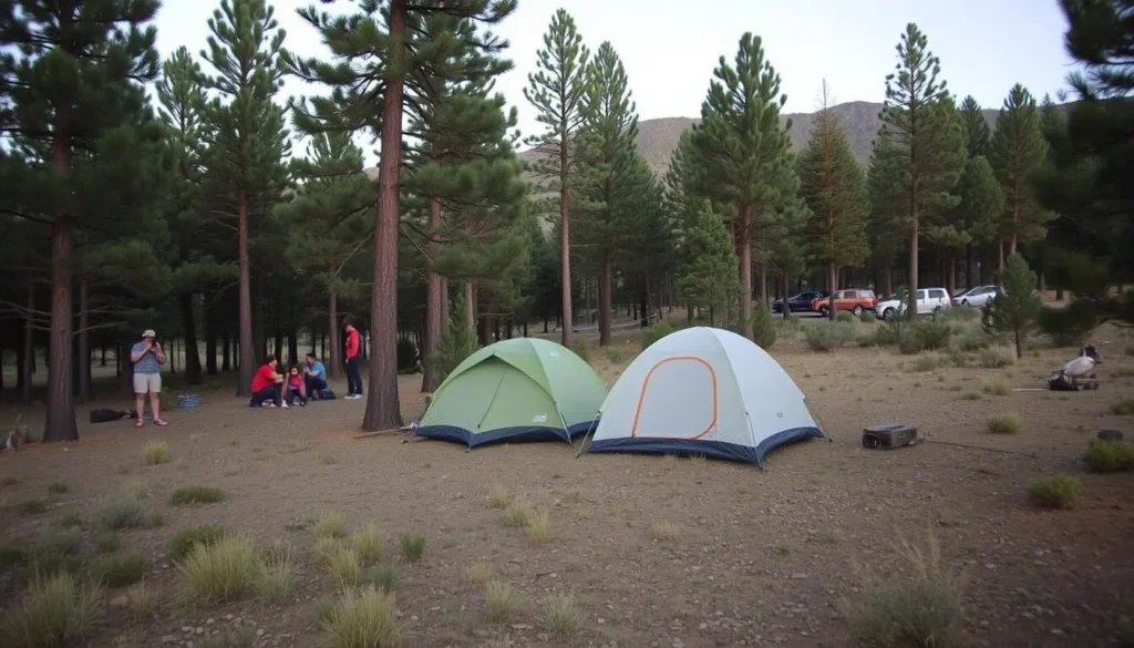 Campsite in the Egan Range with tents set up among pine trees Campsite in the Egan Range with tents set up among pine trees