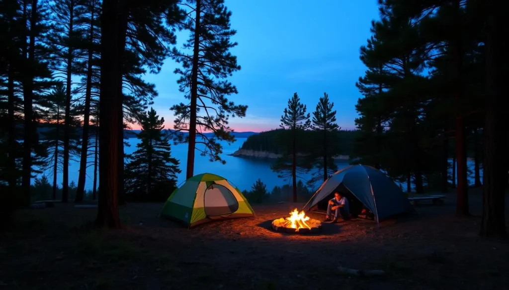 Campsite near Boulder Island with tent, campfire and lake view Campsite near Boulder Island with tent, campfire and lake view
