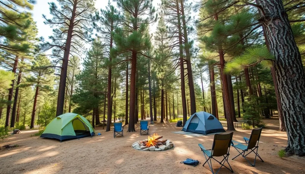 Campsite near Gila Cliff Dwellings with tents set up among pine trees Campsite near Gila Cliff Dwellings with tents set up among pine trees
