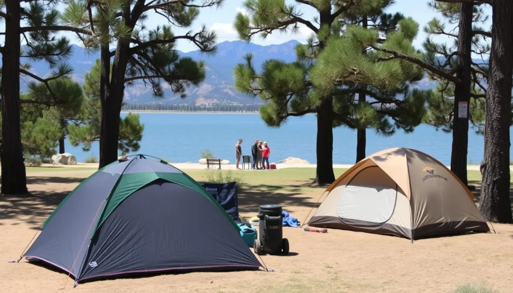 Campsite near Theodore Roosevelt Lake with tents and the lake visible in the background
