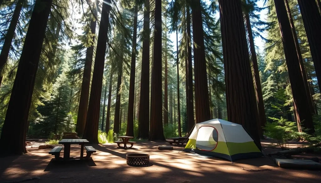 Campsite surrounded by redwood trees at Standish-Hickey State Recreation Area Campsite surrounded by redwood trees at Standish-Hickey State Recreation Area