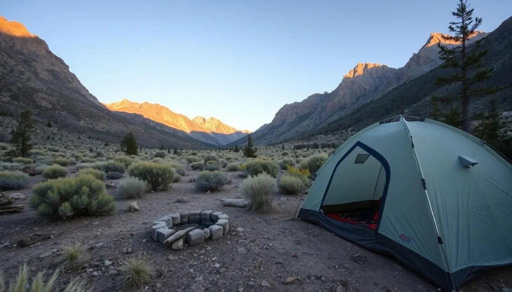 Campsite with tent in Clan Alpine Mountains Nevada with mountain views