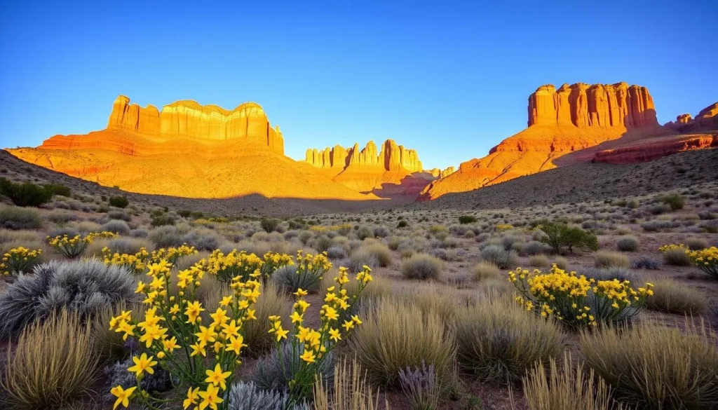 Canyon Pintado Uplands in spring with desert wildflowers blooming among the rock formations Canyon Pintado Uplands in spring with desert wildflowers blooming among the rock formations