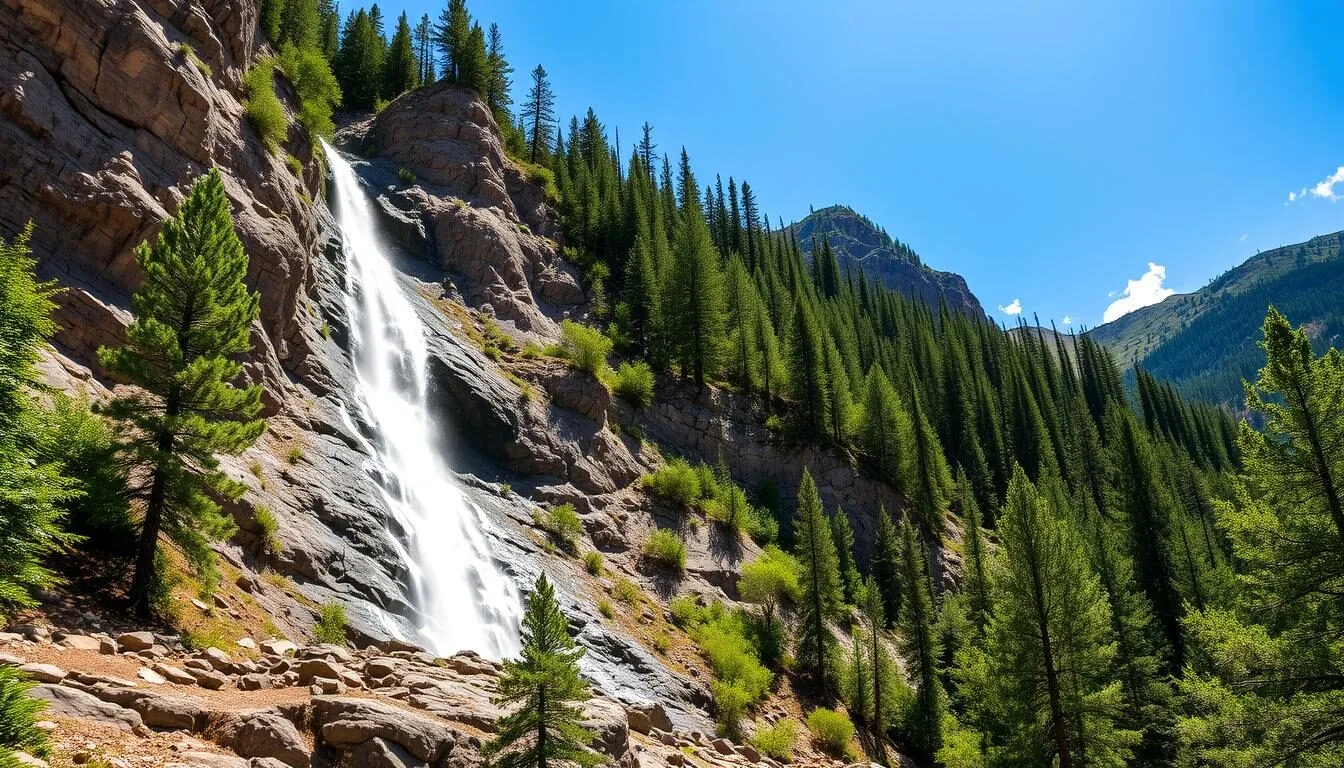 Cascade Falls waterfall in Ouray Colorado with water cascading down rocky cliffs surrounded by green trees