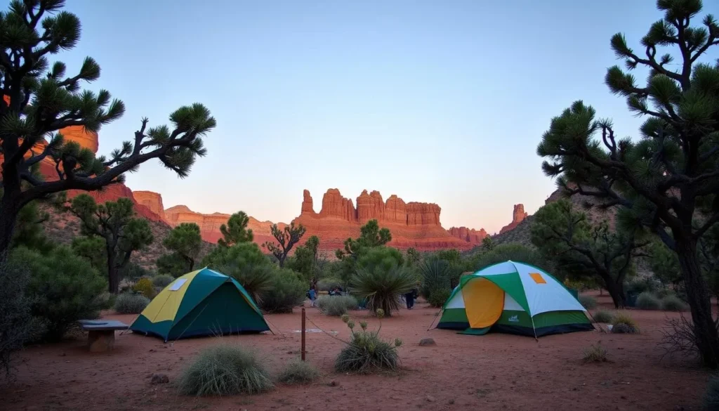 Cathedral Gorge State Park campground with tents set up among juniper trees with formations in background Cathedral Gorge State Park campground with tents set up among juniper trees with formations in background