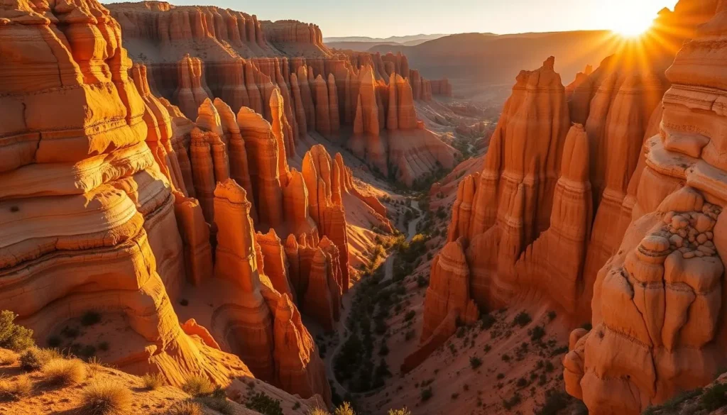 Cathedral Gorge formations during golden hour with beautiful lighting highlighting the textures of the clay spires Cathedral Gorge formations during golden hour with beautiful lighting highlighting the textures of the clay spires
