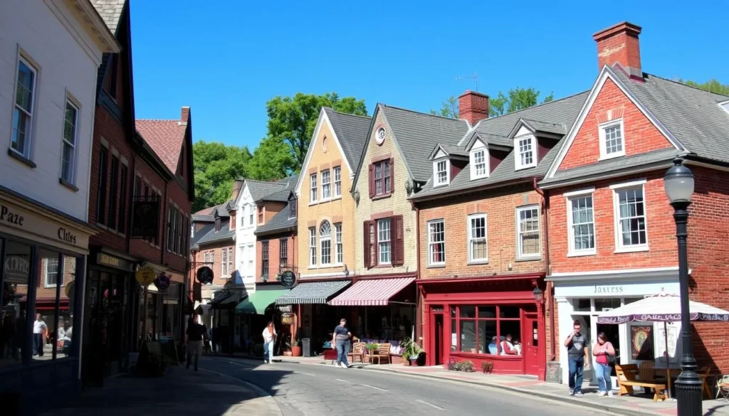Charming street view of nearby New Hope, Pennsylvania with shops and restaurants
