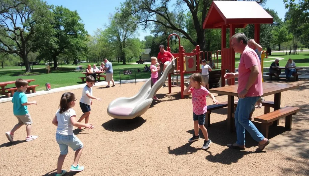 Children playing at the playground in Ramsey Lake State Park with families picnicking nearby Children playing at the playground in Ramsey Lake State Park with families picnicking nearby